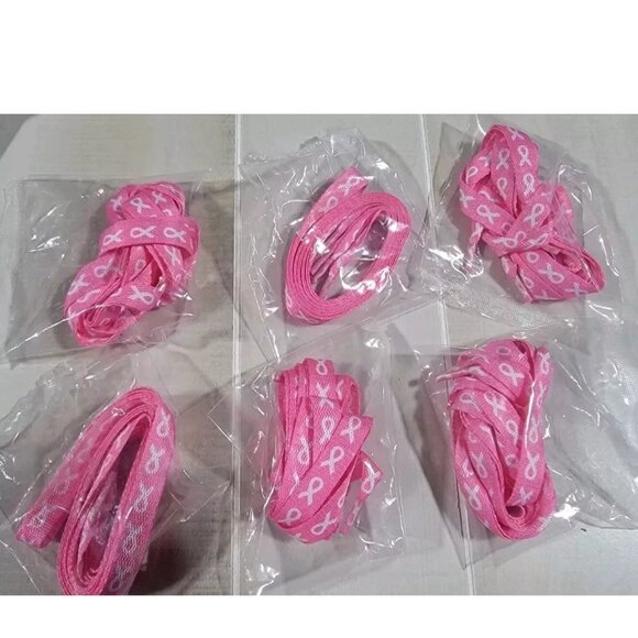 6 Pair Breast Cancer Awareness Pink Ribbon Shoelaces Pink with White Ribbon 44" - Picture 3 of 3